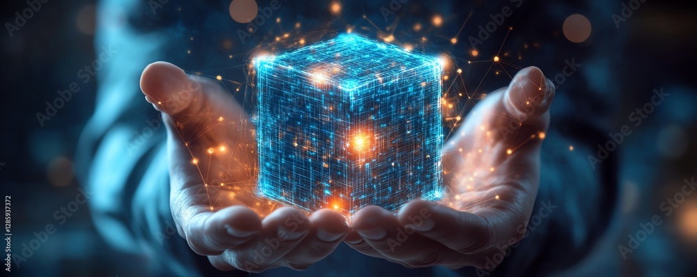 Poster Glowing cubes held by hands, showcasing secure data storage, with network security, encryption, firewall, and privacy protection symbols, reflecting modern cyber tech solutions
