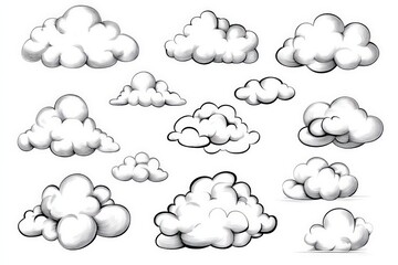 Obraz premium Collection of hand drawn fluffy clouds in black and white sketch style with different shapes and sizes for artistic weather concept fantasy elements and digital illustration with inked textures