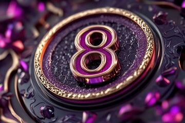 A close-up view of a purple and gold clock face with intricate details