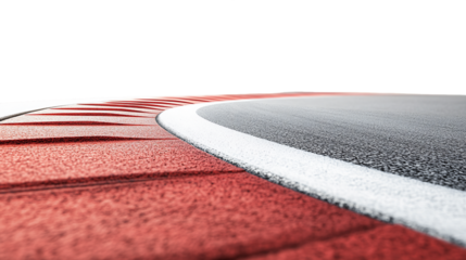 Low Angle View of Red and White Curb on Asphalt Race Track with Transparent Background