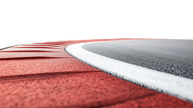 Low Angle View of Red and White Curb on Asphalt Race Track with Transparent Background