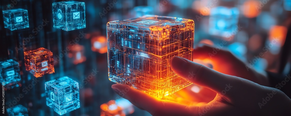 Poster Hands gripping glowing cubes, each displaying encryption, firewall, and privacy icons, representing secure data storage and modern cyber security concepts