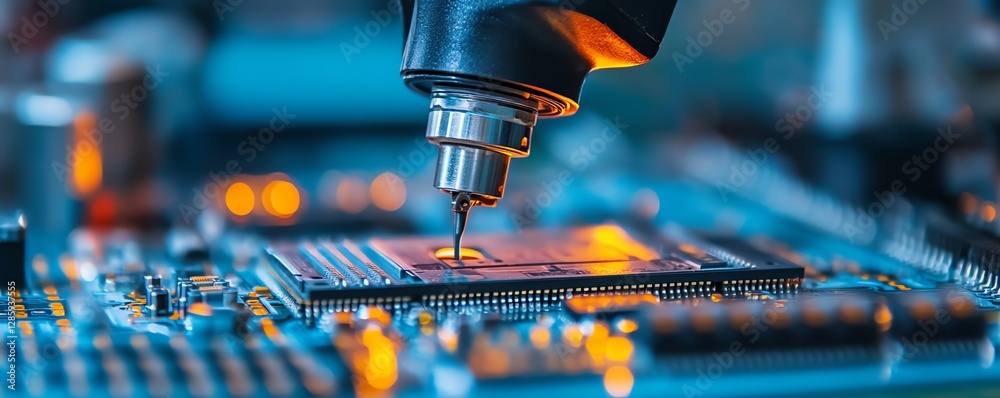 Poster Hightech robotic arm assembling components on a circuit board in a modern manufacturing plant