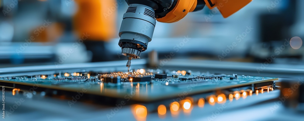 Poster hightech robotic arm assembling components on a circuit board in a modern manufacturing plant