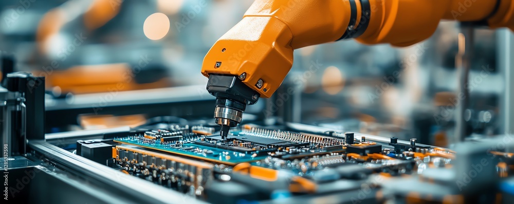 Poster hightech robotic arm assembling components on a circuit board in a modern manufacturing plant