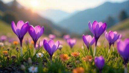 Fototapeta premium Vibrant Purple Crocus Blossoms Basking in the Golden Hour Sunlight Across a Lush Meadow Landscape