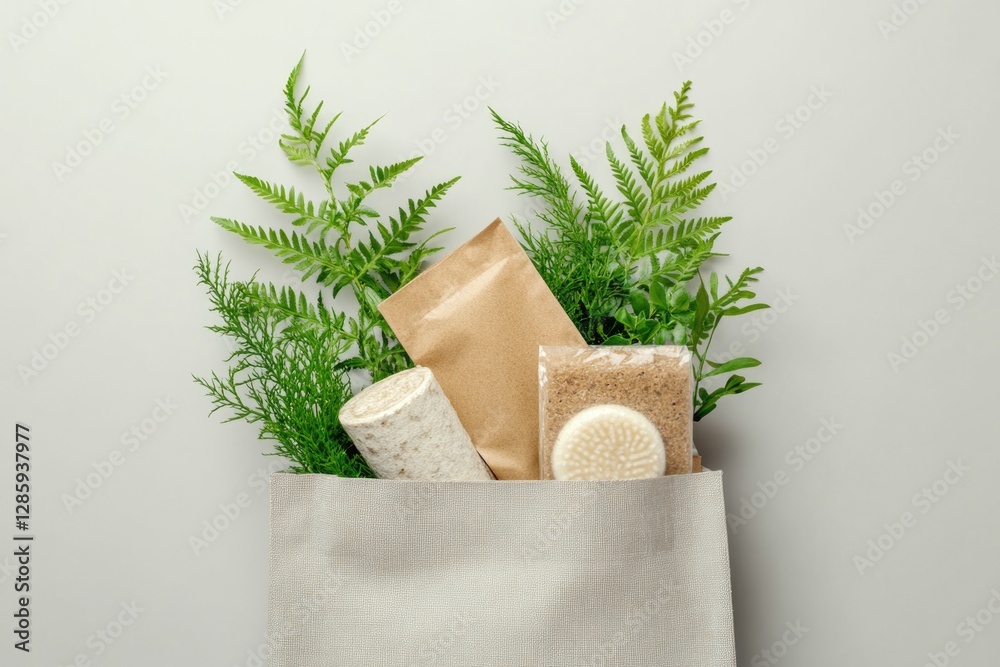 Poster a collection of bath products arranged on a table, perfect for use in spa or wellness-themed project