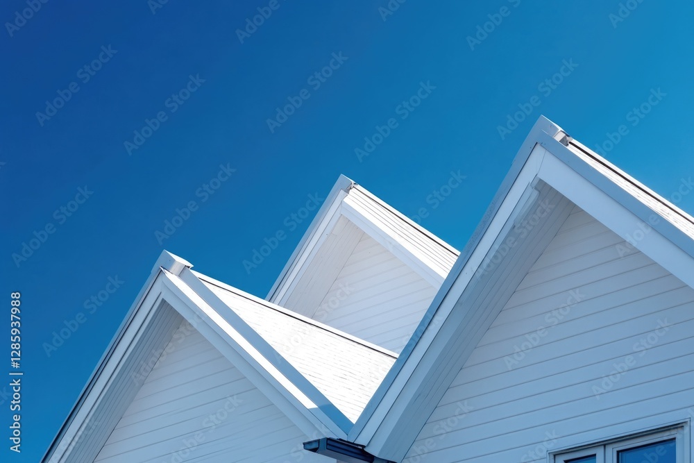 Poster image of a white house with a clear blue sky in the background, perfect for use in architectural or 