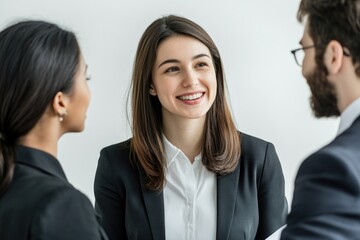A professional woman and man discussing something in suits