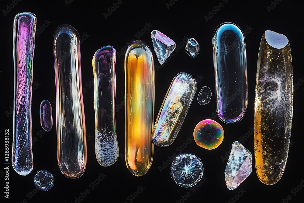 Poster iridescent glass objects on black background.