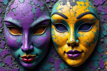 Obraz premium Close-up of Two Cracked Colorful Carnival Masks