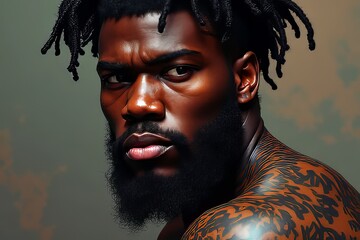 Close-up Portrait of a Man with Dreadlocks, Beard, and Tattoos