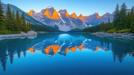 Obraz premium Sunrise Reflection of Mountains on Calm Lake in Canadian Rockies