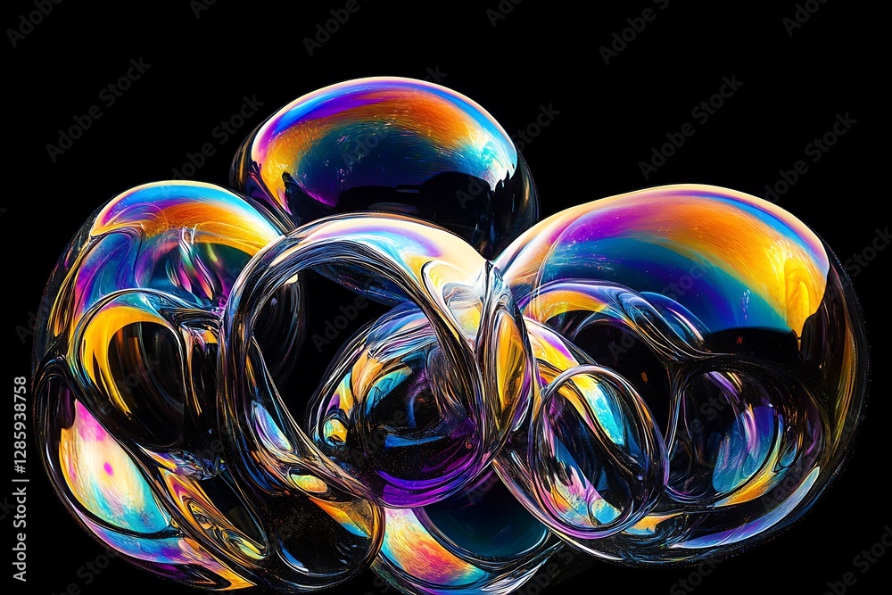 Poster iridescent soap bubbles cluster on black background.