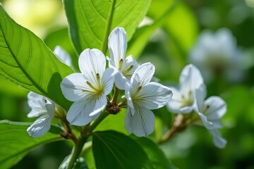 Obraz premium Closeup of Beautiful White Flowers and Lush Green Leaves