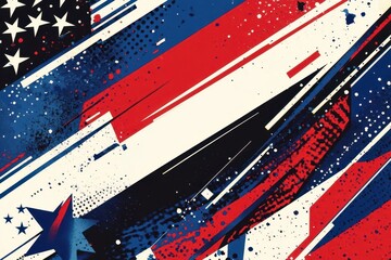 modern abstract patriotic design with dynamic geometric patterns bold stripes and stars in classic american colors