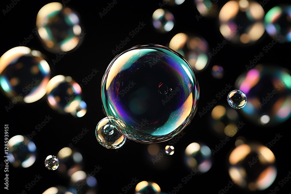 Poster Iridescent soap bubbles floating in dark space.