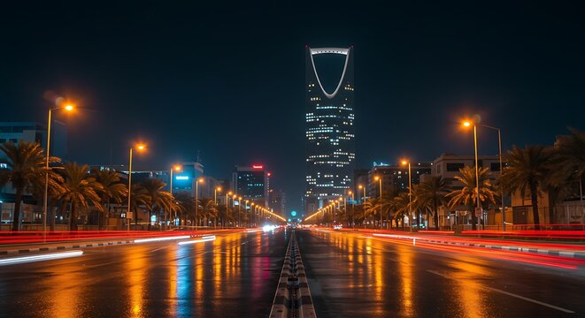 Riyadh Cityscape at Night with Kingdom Centre and Light Trails