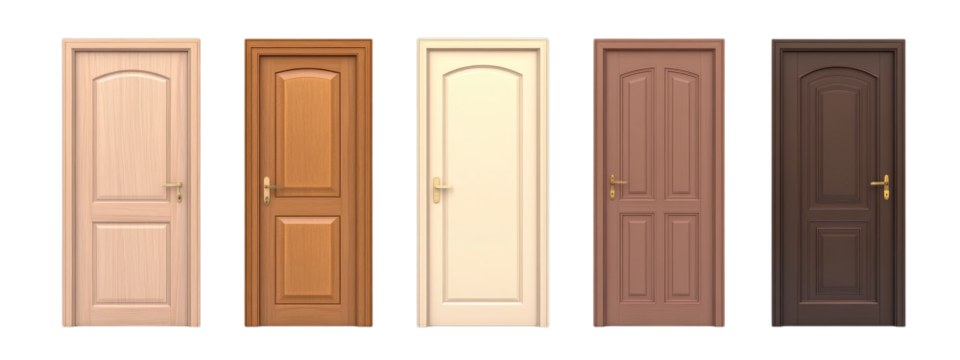 Five stylish wooden interior doors in various colors and designs