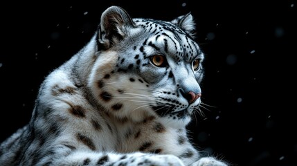 Fototapeta premium A mesmerizing image of a snow leopard resting on a rocky outcrop, its thick fur rippling in the cold mountain wind.