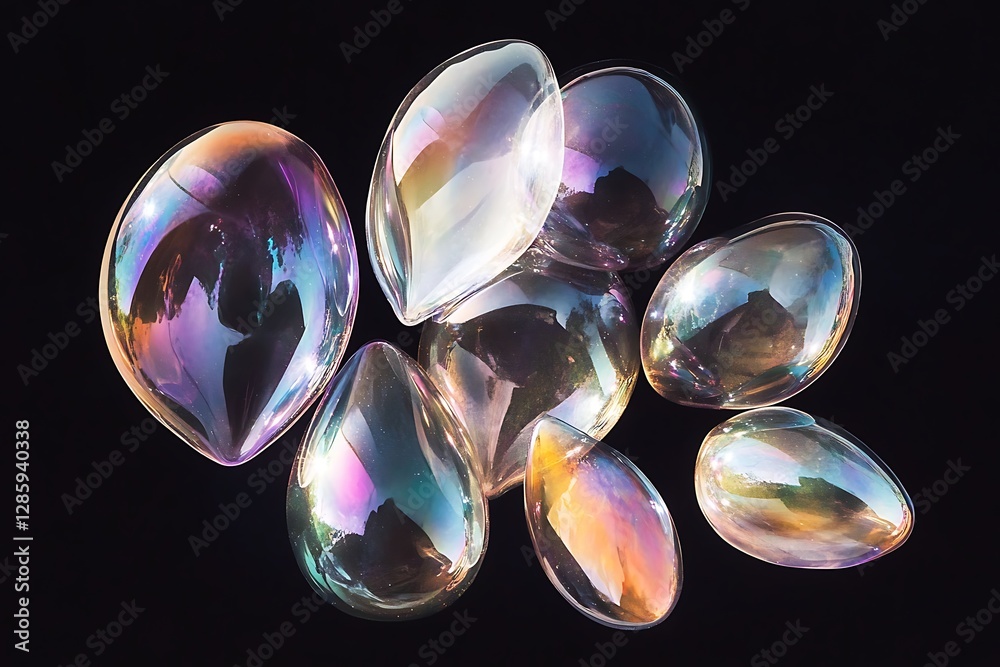 Poster iridescent soap bubbles floating on black background. (4)