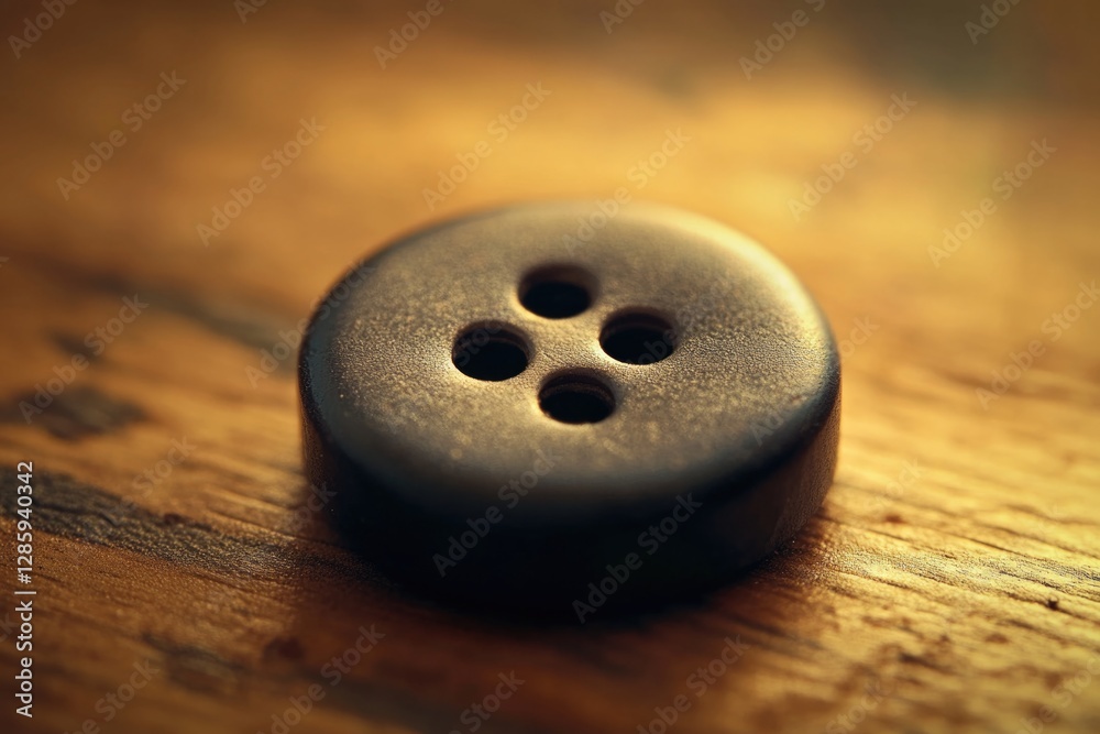 Poster close-up of a small button on a wooden table with a natural finish