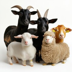 Fototapeta premium Portrait of goats and sheep standing together on a white background.
