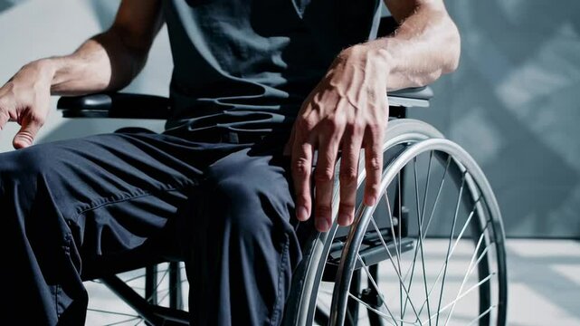 Close up slow motion video of a patient resting hands on a wheelchair, conveying themes of disability, recovery, and adaptation to new circumstances