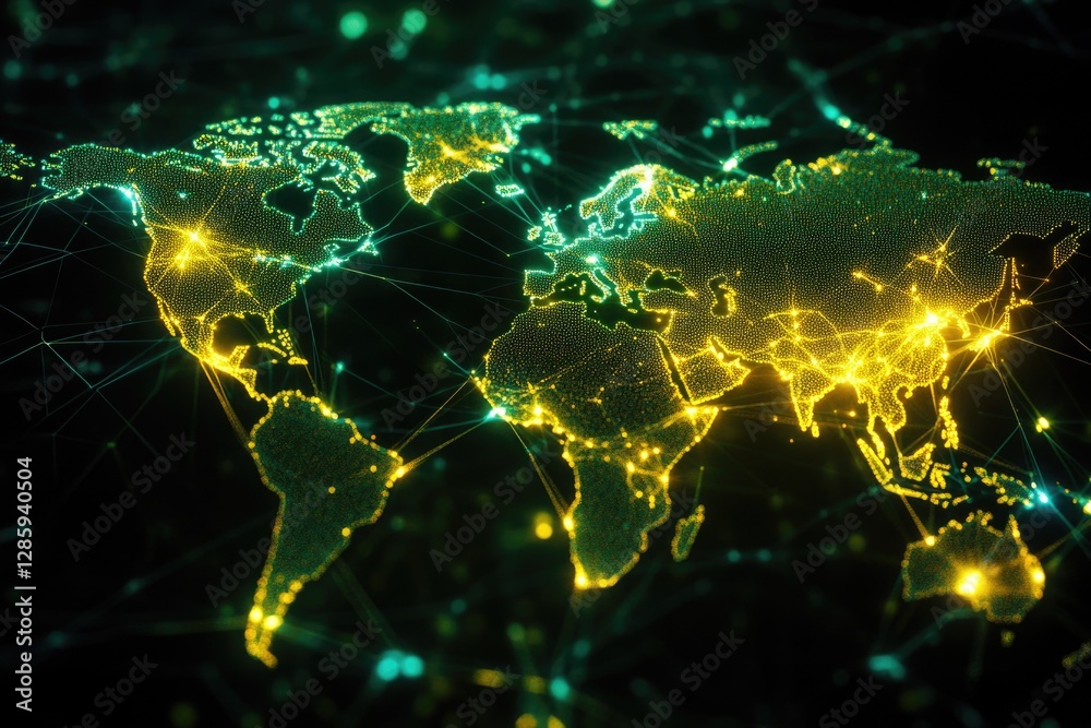 Poster a map of the world with glowing lights, perfect for futuristic or sci-fi illustrations