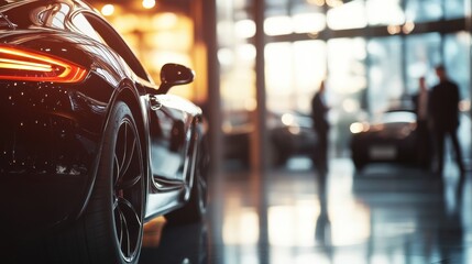 Luxury sports car on display in a modern showroom with blurred figures in the background