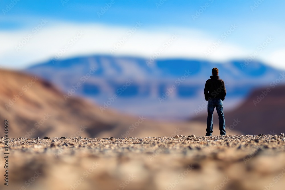 Poster a person stands alone in the middle of a vast desert, surrounded by sand and rock formations
