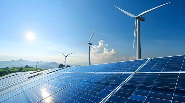 Solar panels in a renewable energy farm with wind turbines under a clear blue sky