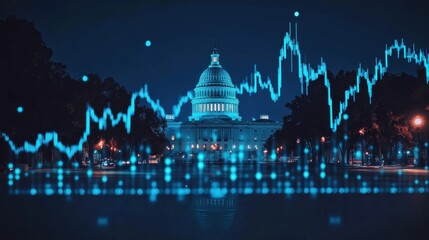 Graphical representation of stock market trends in front of the Capitol building at night