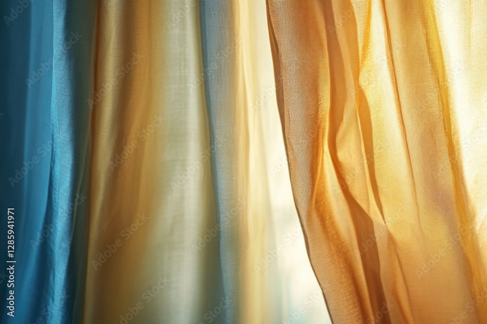 Poster Close-up view of a yellow and blue curtain with intricate patterns