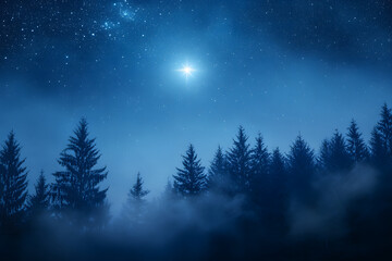 Starry night sky with the bright star of Orion over a forest landscape. Christmas background