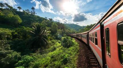 Obraz premium A scenic railway journey through lush green hills, with space in the sky for a travel quote.