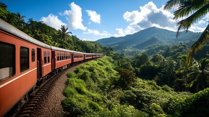 A scenic railway journey through lush green hills, with space in the sky for a travel quote.