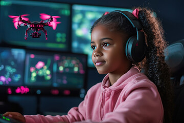 Young Girl Engaged in Drone Control with Headphones in Tech-Themed Room