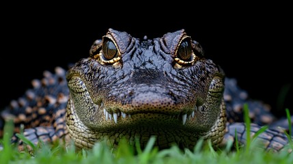 A dramatic portrait of a crocodile with its rough skin, sharp teeth, and focused eyes in the wild.