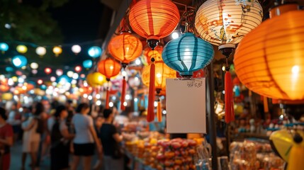 A bustling night market with colorful lanterns, featuring an empty banner for customizable text.