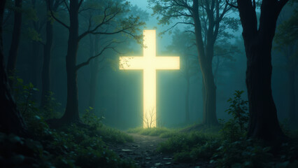 A forest path leading to a large glowing cross on the horizon, symbolizing spiritual journey or salvation.