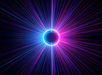 A vibrant circle of blue and purple emits radiating light beams. Abstract, energetic design spreading outwards in a burst of colorful illumination.