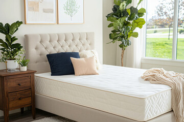premium hybrid mattress with detailed quilting, clean setting