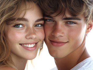A couple hugging each other on a white background