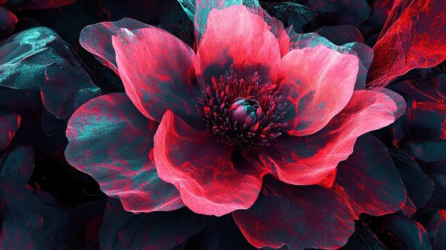 Close up of elegant red flowers and dark green leaves, using digital art style and 3D rendering technology combined with fault effects, with a deep black background and surrealist style.