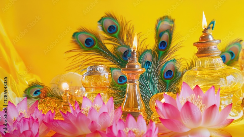 Poster a decorative table setting with vases filled with flowers and peacock feathers