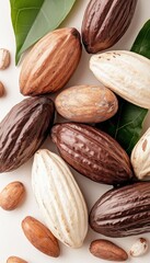 Assorted Cocoa Pods and Beans with Green Leaves