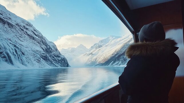 The woman is looking out the window of the ship, at the snow capped mountains and icy waters of Norway. The sea surface reflects a light blue sky and white clouds.