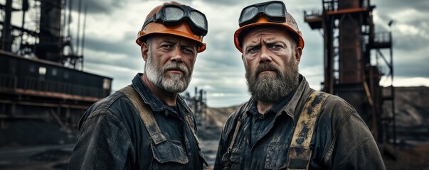 Fototapeta premium Two miners in protective gear pose confidently at a mining site during cloudy afternoon hours showcasing hard work and resilience