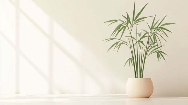 Minimalist office scene featuring a potted plant in the center against a bamboo and white background, elegant and serene illustration, perfect for modern workspace decor and interior design concepts.